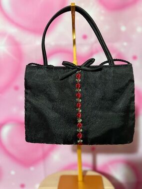 Black Shoulder Bag with Red Rose Trim - Feminine Evening Tote